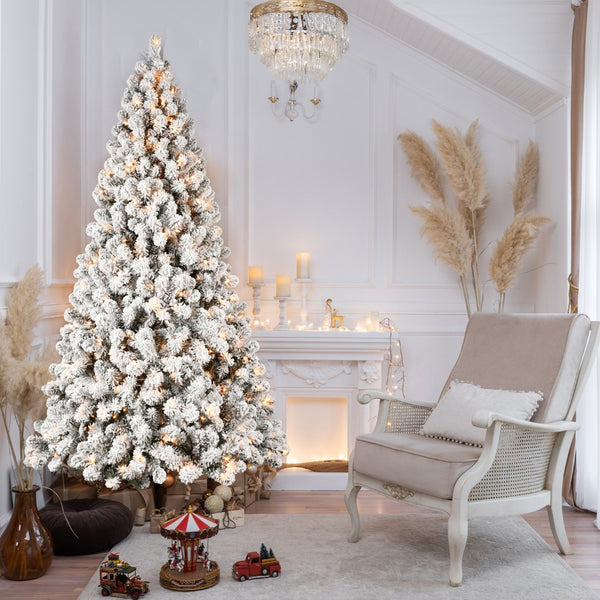 HomeRoots 6' Pre Lit Snowy Flocked Spruce Christmas Tree with Warm LED Lights - Easy Setup & Lush Green Needles 709818