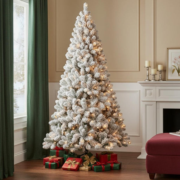 HomeRoots 8' Pre Lit Full Flocked Spruce Christmas Tree - Lush, Snowy Elegance with LED Lights for Festive Cheer 709820