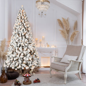 HomeRoots 9' Pre-Lit Flocked Spruce Christmas Tree - Realistic, Full Design with Warm LED Lights for Festive Decor 709821