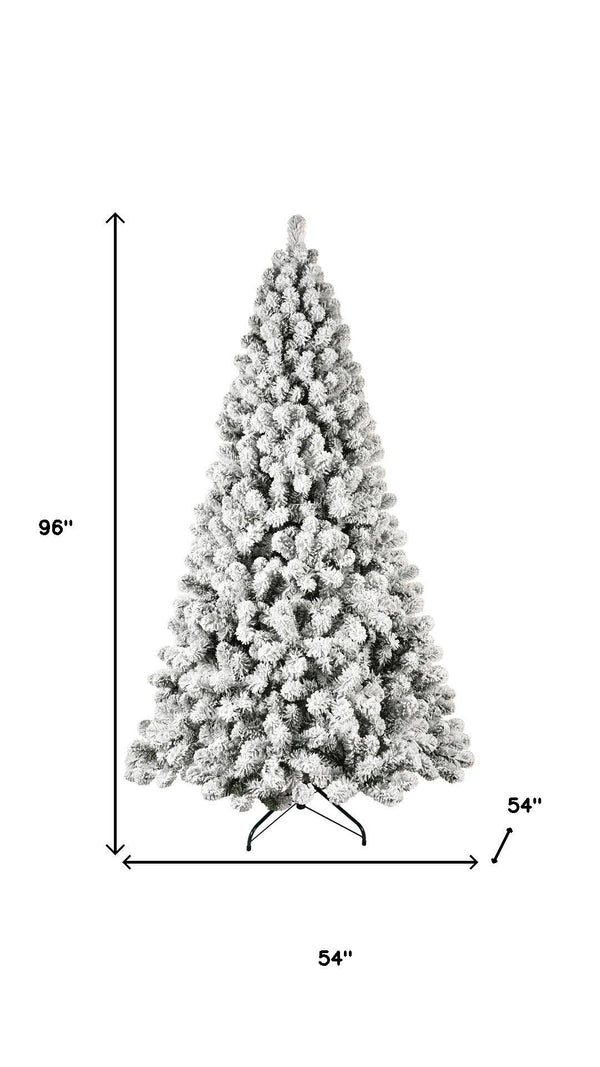 HomeRoots 9' Pre-Lit Flocked Spruce Christmas Tree - Realistic, Full Design with Warm LED Lights for Festive Decor 709821