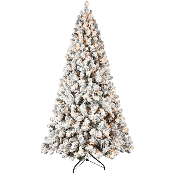 HomeRoots 9' Pre-Lit Flocked Spruce Christmas Tree - Realistic, Full Design with Warm LED Lights for Festive Decor 709821