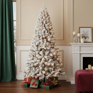 HomeRoots 9' Pre-Lit Flocked Spruce Christmas Tree - Realistic, Full Design with Warm LED Lights for Festive Decor 709821