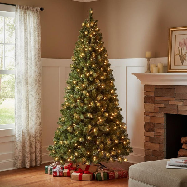 HomeRoots 8' Pre Lit Full Spruce Christmas Tree – Realistic Design, Easy Setup & Warm Glow for Holiday Cheer 709825
