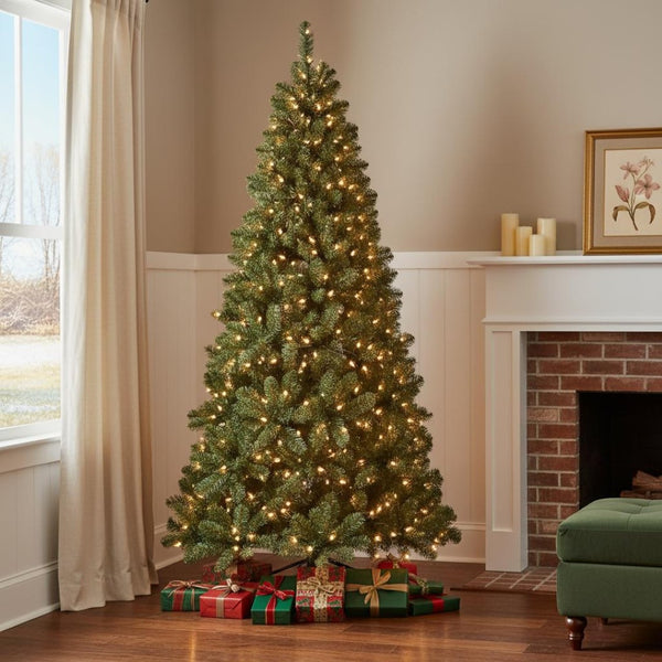 HomeRoots 9' Pre Lit Full Spruce Christmas Tree – Lush, Realistic Design with Warm LED Lights for Holiday Cheer 709826
