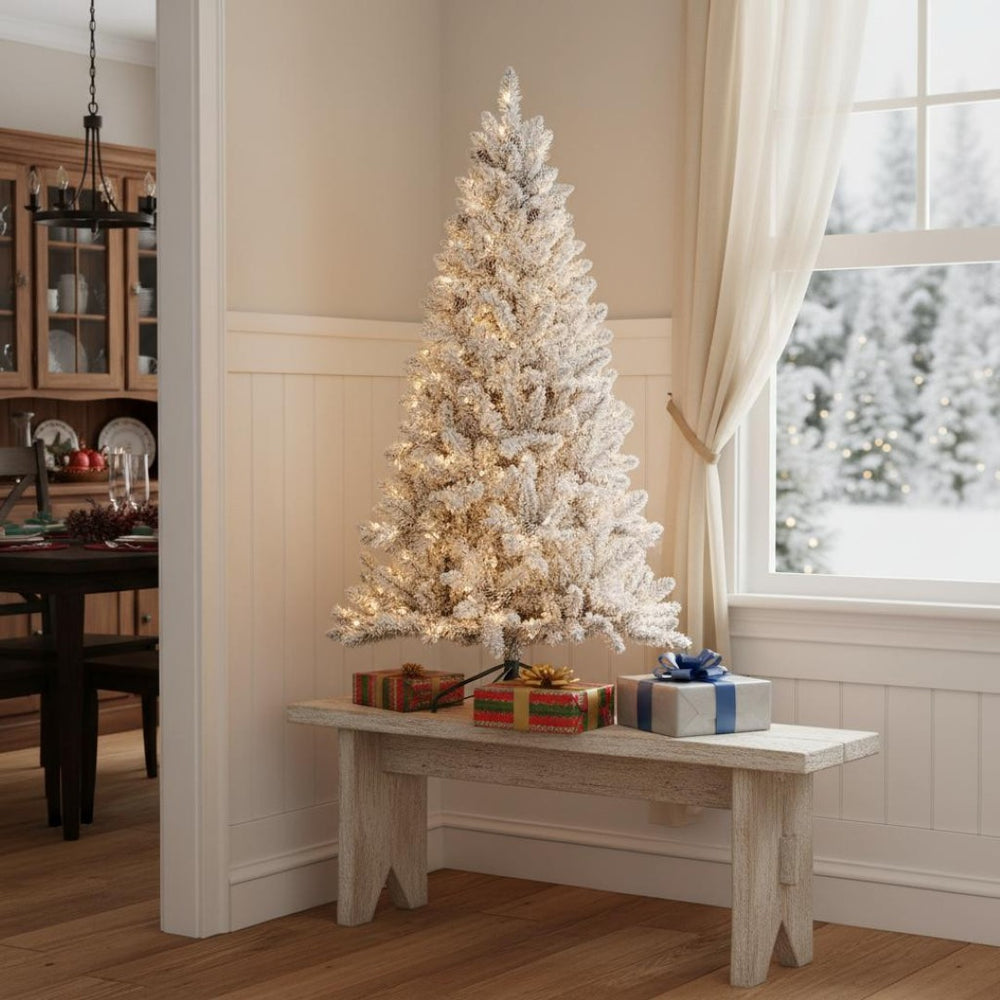 HomeRoots 4.5' Pre-Lit Flocked Spruce Christmas Tree - Snow-Kissed Elegance for Homes & Offices, Easy Setup! 709831