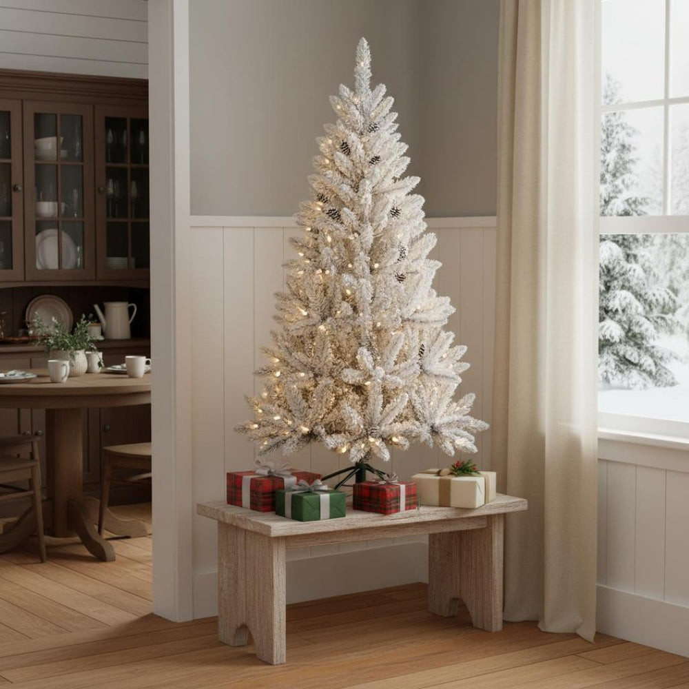 HomeRoots 5' Pre-Lit Flocked Spruce Christmas Tree - Lush, Elegant, and Perfect for Small Spaces & Holiday Cheer 709832