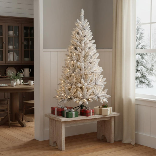HomeRoots 5' Pre-Lit Flocked Spruce Christmas Tree - Lush, Elegant, and Perfect for Small Spaces & Holiday Cheer 709832