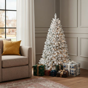 HomeRoots 6' Pre Lit Flocked Spruce Christmas Tree - Elegant, Full Holiday Centerpiece with LED Lights & Easy Setup 709833