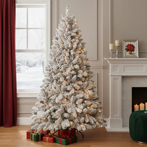 HomeRoots 7' Pre Lit Full Flocked Spruce Christmas Tree - Elegant, Easy Setup with Energy-Efficient Lighting! 709834