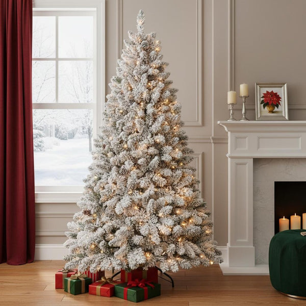 HomeRoots 7' Pre Lit Full Flocked Spruce Christmas Tree - Elegant, Easy Setup with Energy-Efficient Lighting! 709834
