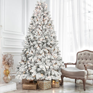 HomeRoots 7' Pre Lit Full Flocked Spruce Christmas Tree - Elegant, Easy Setup with Energy-Efficient Lighting! 709834