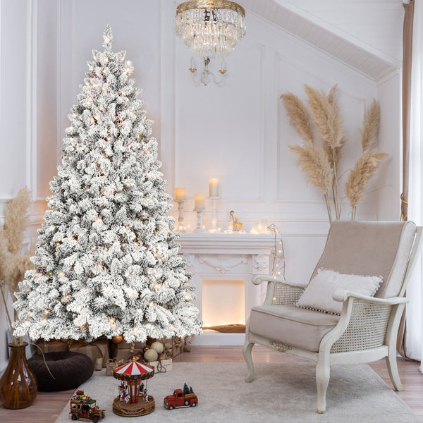 HomeRoots 7' Pre Lit Full Flocked Spruce Christmas Tree - Elegant, Easy Setup with Energy-Efficient Lighting! 709834