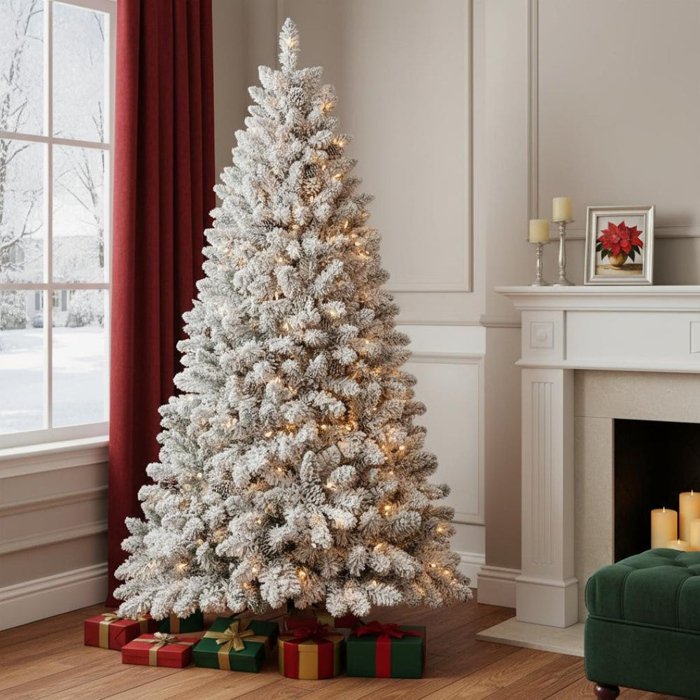 HomeRoots 4' Pre Lit Flocked Spruce Christmas Tree - Snowy Ambiance, Easy Setup, and Warm Lighting for Festive Joy 90 709835