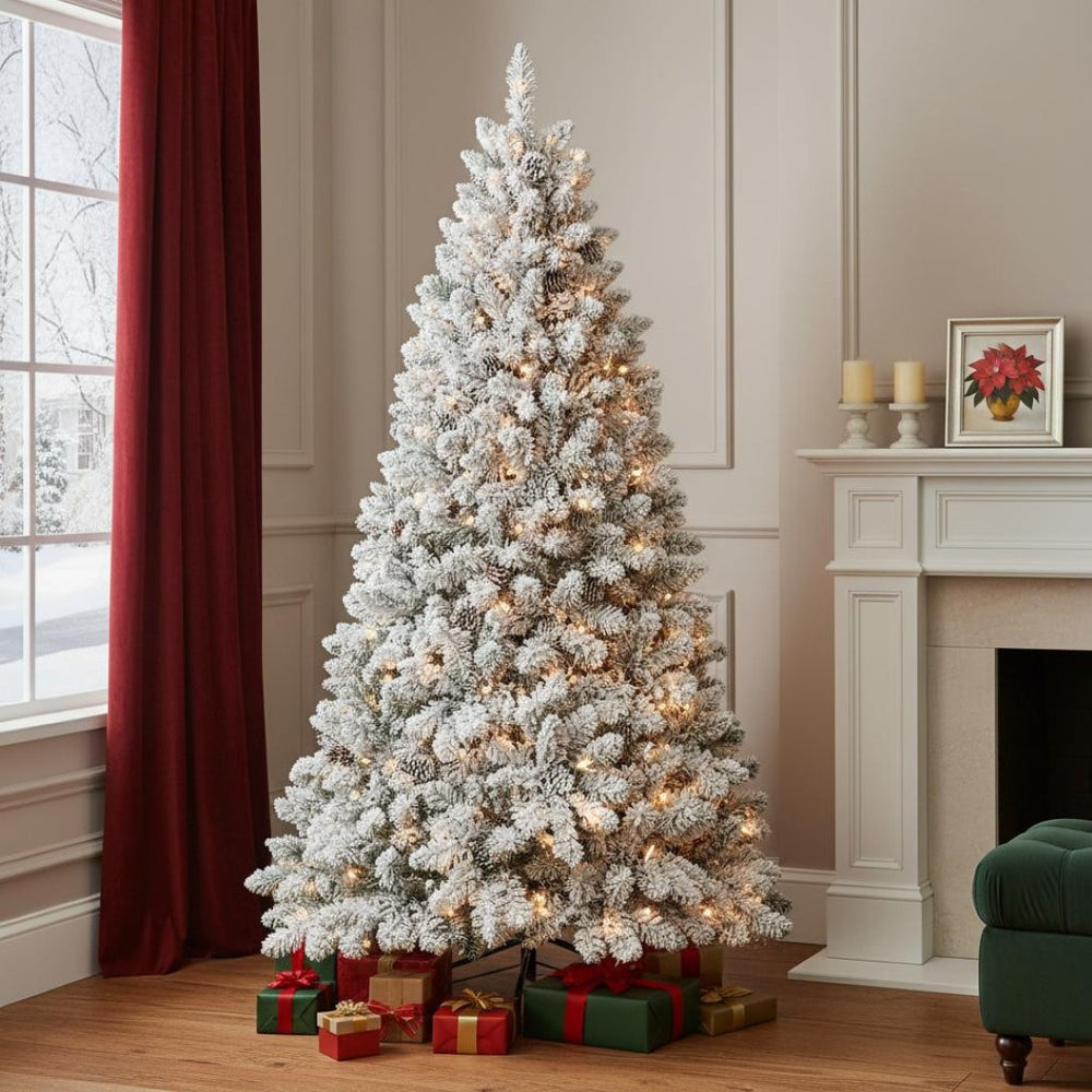 HomeRoots 8' Pre Lit Full Flocked Spruce Christmas Tree - Lush, Snow-Dusted Design with Warm LED Lights & Easy Setup 709836