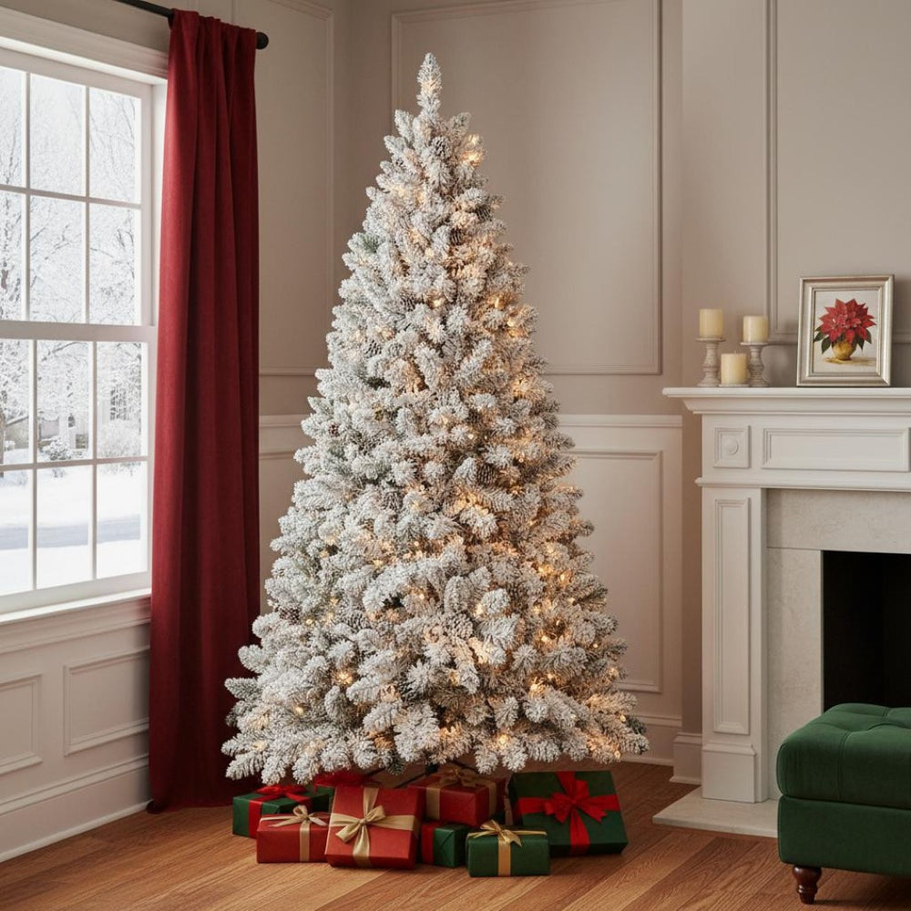 HomeRoots 9' Pre-Lit Flocked Spruce Christmas Tree – Elegant Snow-Dusted Design with 700+ LED Lights & Easy Setup 709837