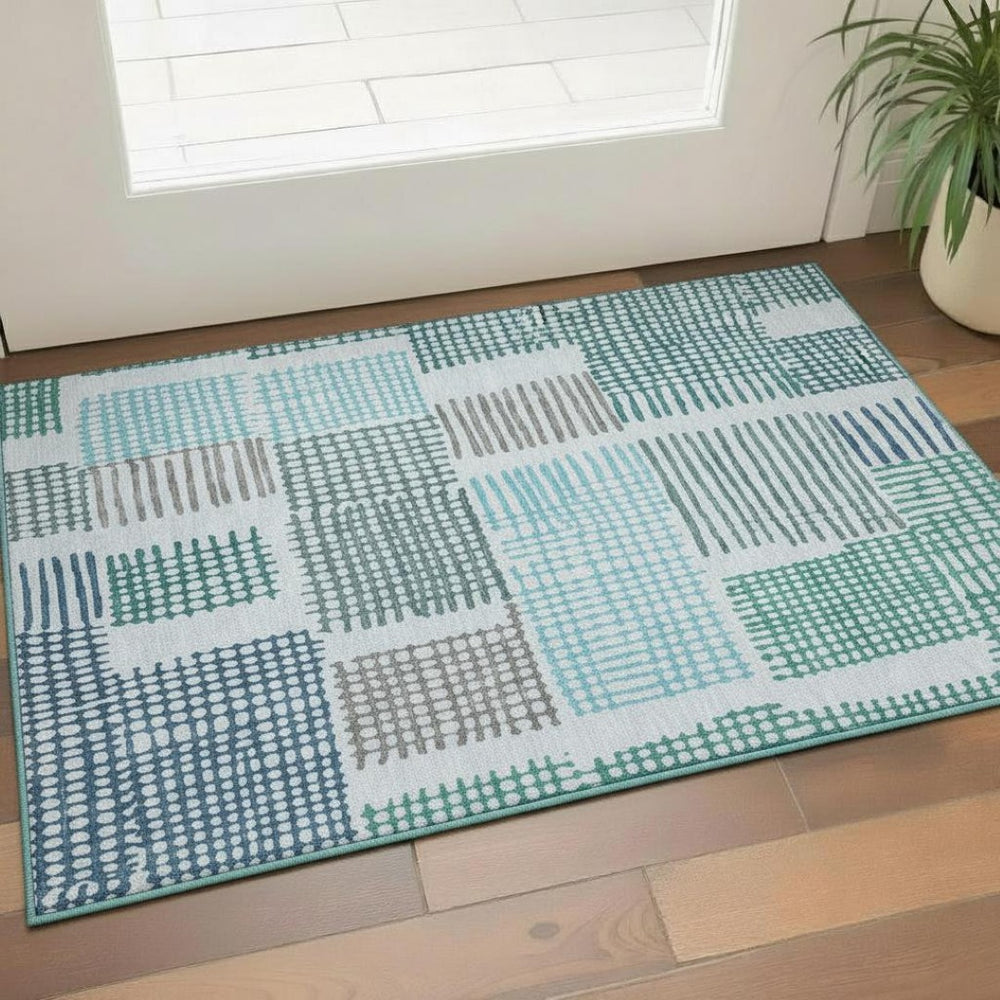 HomeRoots 5' X 8' Aqua Teal & Ivory Geometric Area Rug - Washable, Stain-Resistant, UV-Protected for Modern Homes 709844