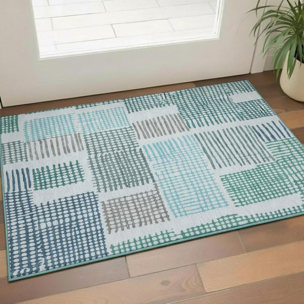HomeRoots 5' X 8' Aqua Teal & Ivory Geometric Area Rug - Washable, Stain-Resistant, UV-Protected for Modern Homes 709844
