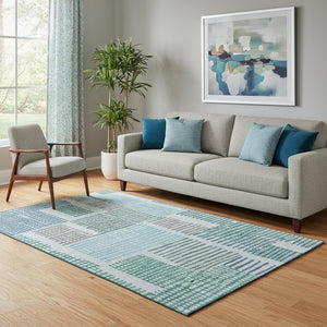 HomeRoots 8' Aqua Teal & Ivory Geometric Round Rug - Washable, UV Protected, Durable for Stylish Spaces 709845