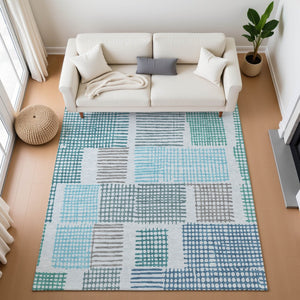 HomeRoots 8' Aqua Teal & Ivory Geometric Round Rug - Washable, UV Protected, Durable for Stylish Spaces 709845