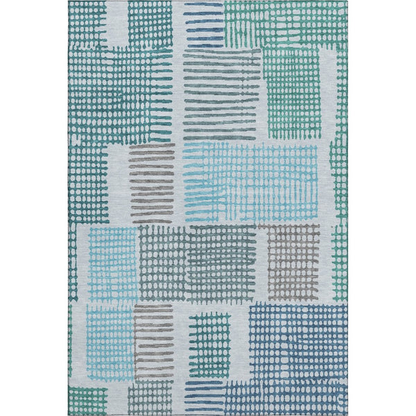HomeRoots 8' Aqua Teal & Ivory Geometric Round Rug - Washable, UV Protected, Durable for Stylish Spaces 709845