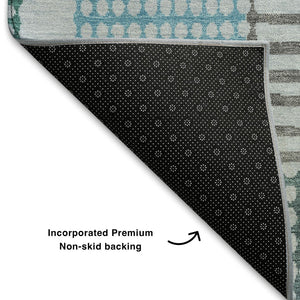 HomeRoots 8' Aqua Teal & Ivory Geometric Round Rug - Washable, UV Protected, Durable for Stylish Spaces 709845
