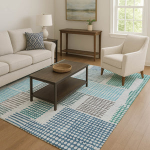 HomeRoots 8' Aqua Teal & Ivory Geometric Round Rug - Washable, UV Protected, Durable for Stylish Spaces 709845