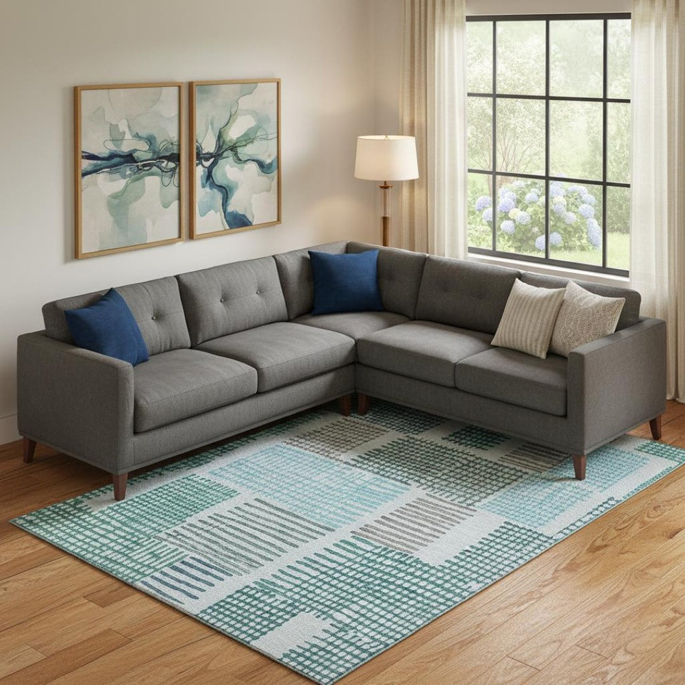 HomeRoots 10' Aqua Teal & Ivory Geometric Area Rug - Washable, UV Protected, Perfect for High-Traffic Spaces! 709848