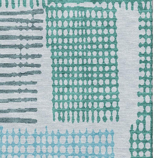 HomeRoots 10' Aqua Teal & Ivory Geometric Area Rug - Washable, UV Protected, Perfect for High-Traffic Spaces! 709848