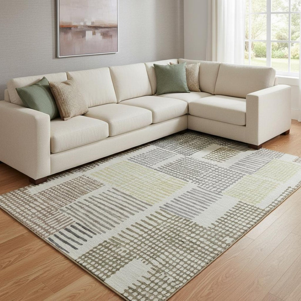 HomeRoots 9' X 12' Sand Brown Geometric Area Rug - Washable, UV-Protected, Durable for High-Traffic Homes 709853
