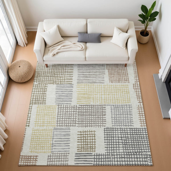 HomeRoots 10' X 14' Sand Brown & Ivory Geometric Washable Area Rug - UV Resistant, Stain-Resistant, Durable Design 709854