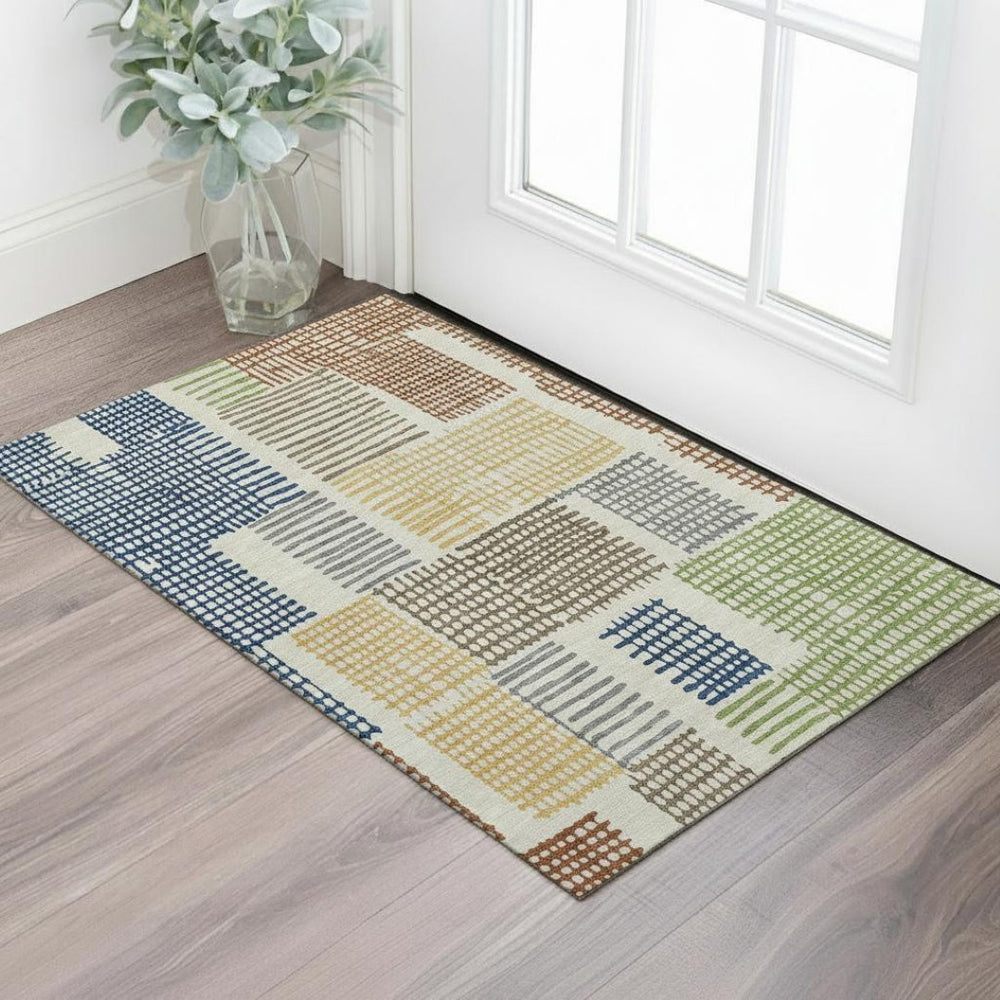 HomeRoots 5' X 8' Modern Geometric Area Rug in Beige, Blue & Green – Washable, UV-Protected & Non-Slip Design 709856