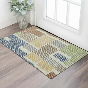 HomeRoots 5' X 8' Modern Geometric Area Rug in Beige, Blue & Green – Washable, UV-Protected & Non-Slip Design 709856