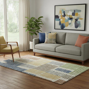 HomeRoots 8' Contemporary Beige, Blue & Green Geometric Washable Round Rug with UV Protection for Homes 709857