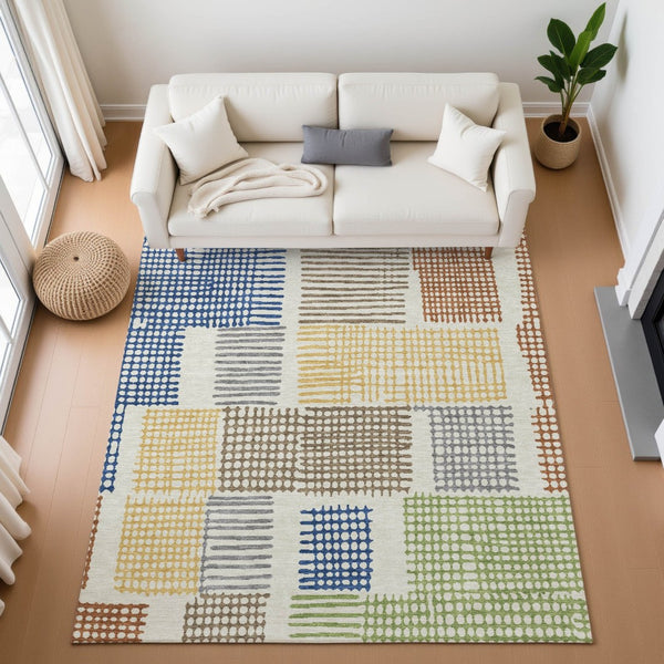 HomeRoots 8' Contemporary Beige, Blue & Green Geometric Washable Round Rug with UV Protection for Homes 709857