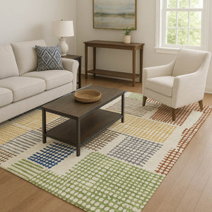 HomeRoots 8' Contemporary Beige, Blue & Green Geometric Washable Round Rug with UV Protection for Homes 709857