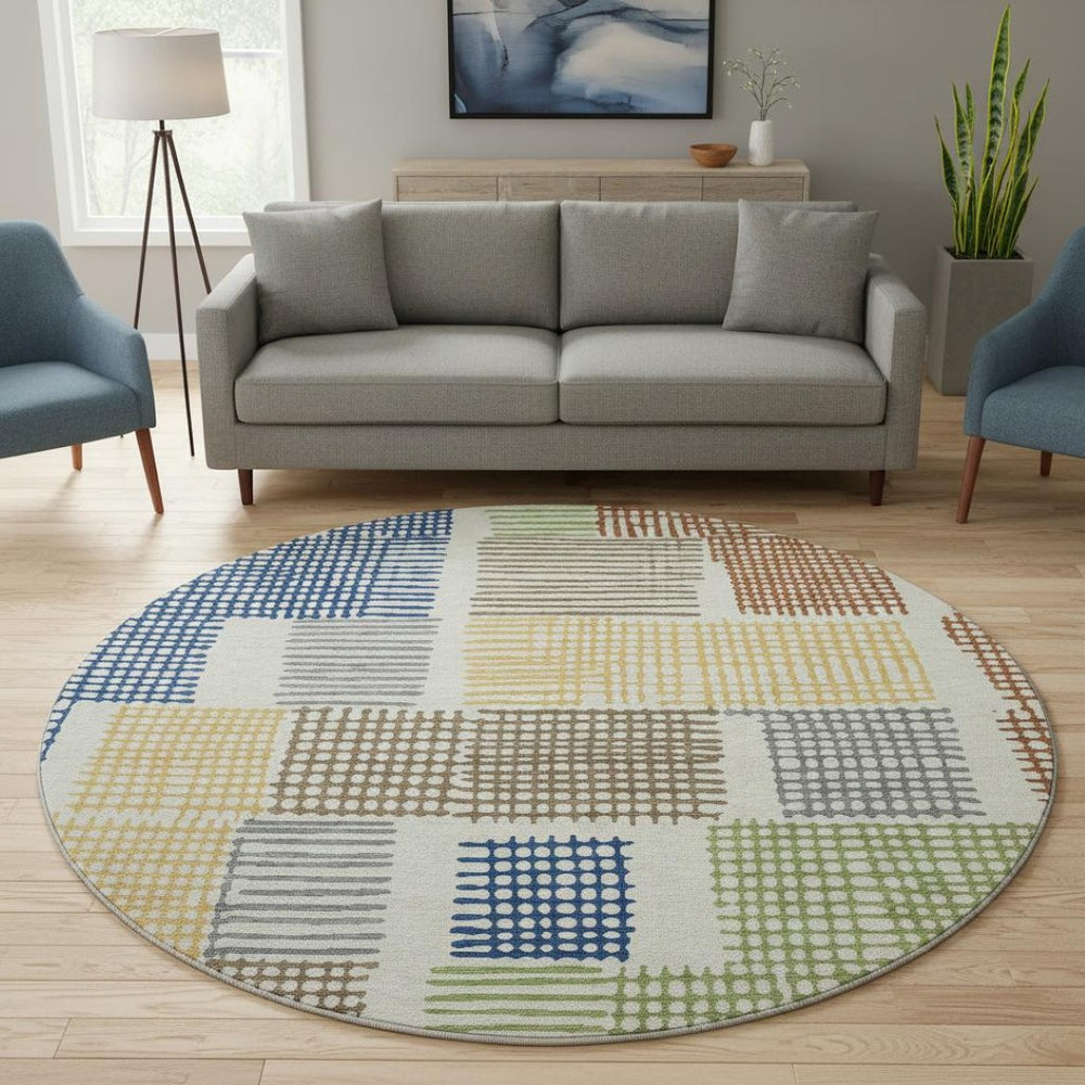 HomeRoots 8' X 10' Washable Area Rug in Beige, Blue & Green Geometric Design with UV Protection for Durability 709858