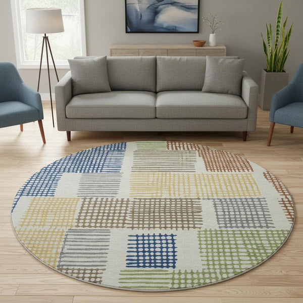 HomeRoots 8' X 10' Washable Area Rug in Beige, Blue & Green Geometric Design with UV Protection for Durability 709858