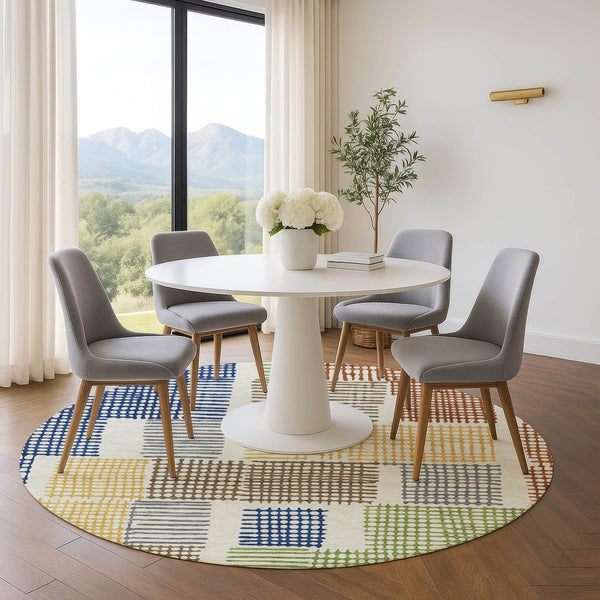 HomeRoots 8' X 10' Washable Area Rug in Beige, Blue & Green Geometric Design with UV Protection for Durability 709858