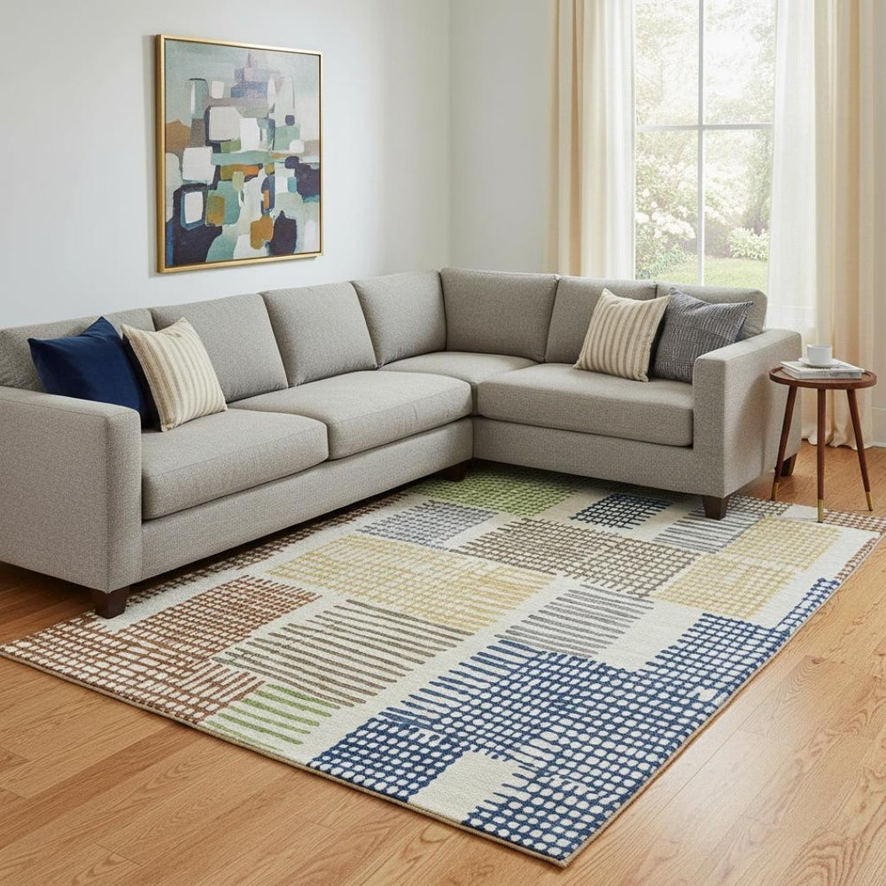 HomeRoots 9' X 12' Washable Beige Blue Green Geometric Area Rug with UV Protection for High-Traffic Spaces 709859