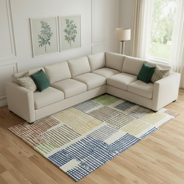 HomeRoots 10' X 14' Modern Geometric Area Rug in Beige, Blue & Green - Washable, UV Protected, Stylish & Durable 709860