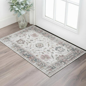 HomeRoots 5' X 8' Stylish Blush Ivory & Denim Blue Washable Area Rug with UV Protection for Daily Durability 709862
