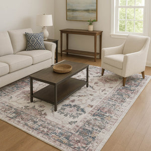 HomeRoots 5' X 8' Stylish Blush Ivory & Denim Blue Washable Area Rug with UV Protection for Daily Durability 709862