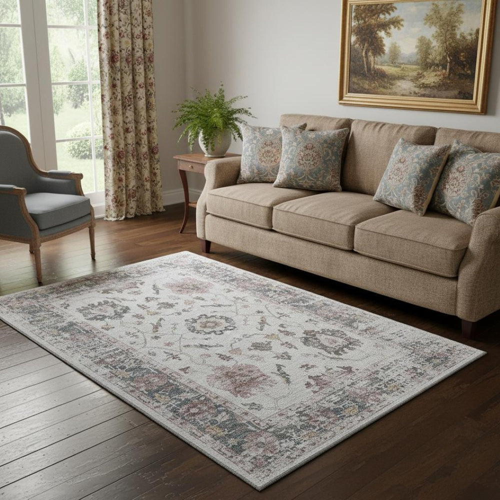 HomeRoots 8' Blush Ivory & Denim Blue Oriental Round Rug - Washable, UV-Protected, Stain-Resistant Design 709863