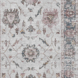 HomeRoots 8' Blush Ivory & Denim Blue Oriental Round Rug - Washable, UV-Protected, Stain-Resistant Design 709863