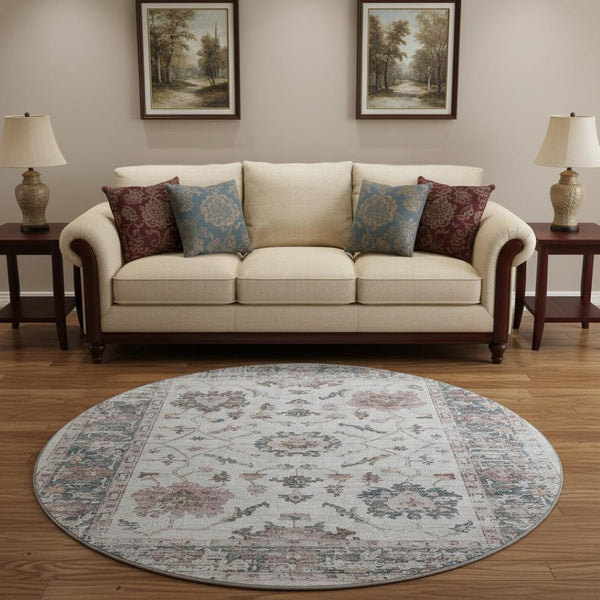 HomeRoots 8' X 10' Blush Ivory and Denim Blue Oriental Washable Area Rug with Stain Resistance & UV Protection 709864