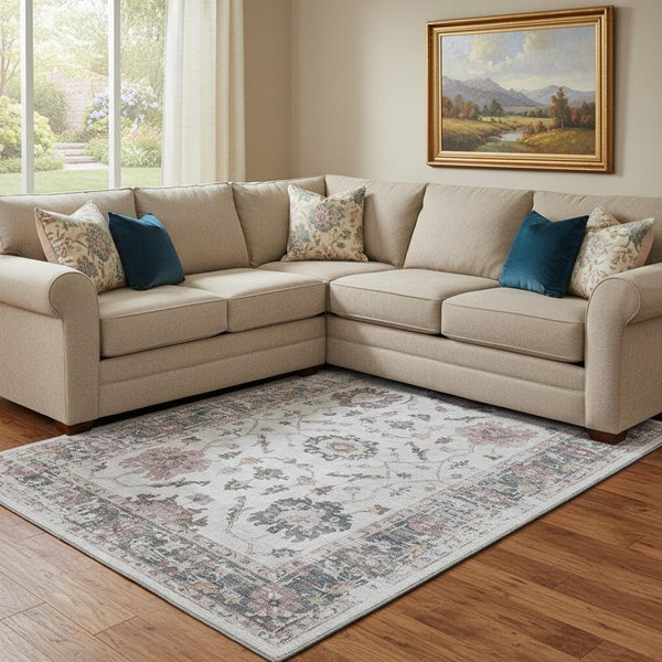 HomeRoots 9' X 12' Washable Blush Ivory & Denim Blue Oriental Area Rug - Stain Resistant with UV Protection 709865