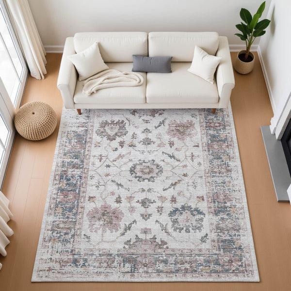 HomeRoots 9' X 12' Washable Blush Ivory & Denim Blue Oriental Area Rug - Stain Resistant with UV Protection 709865