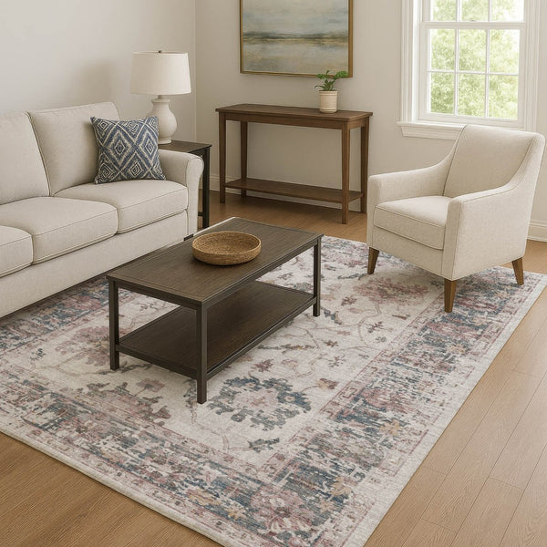 HomeRoots 9' X 12' Washable Blush Ivory & Denim Blue Oriental Area Rug - Stain Resistant with UV Protection 709865