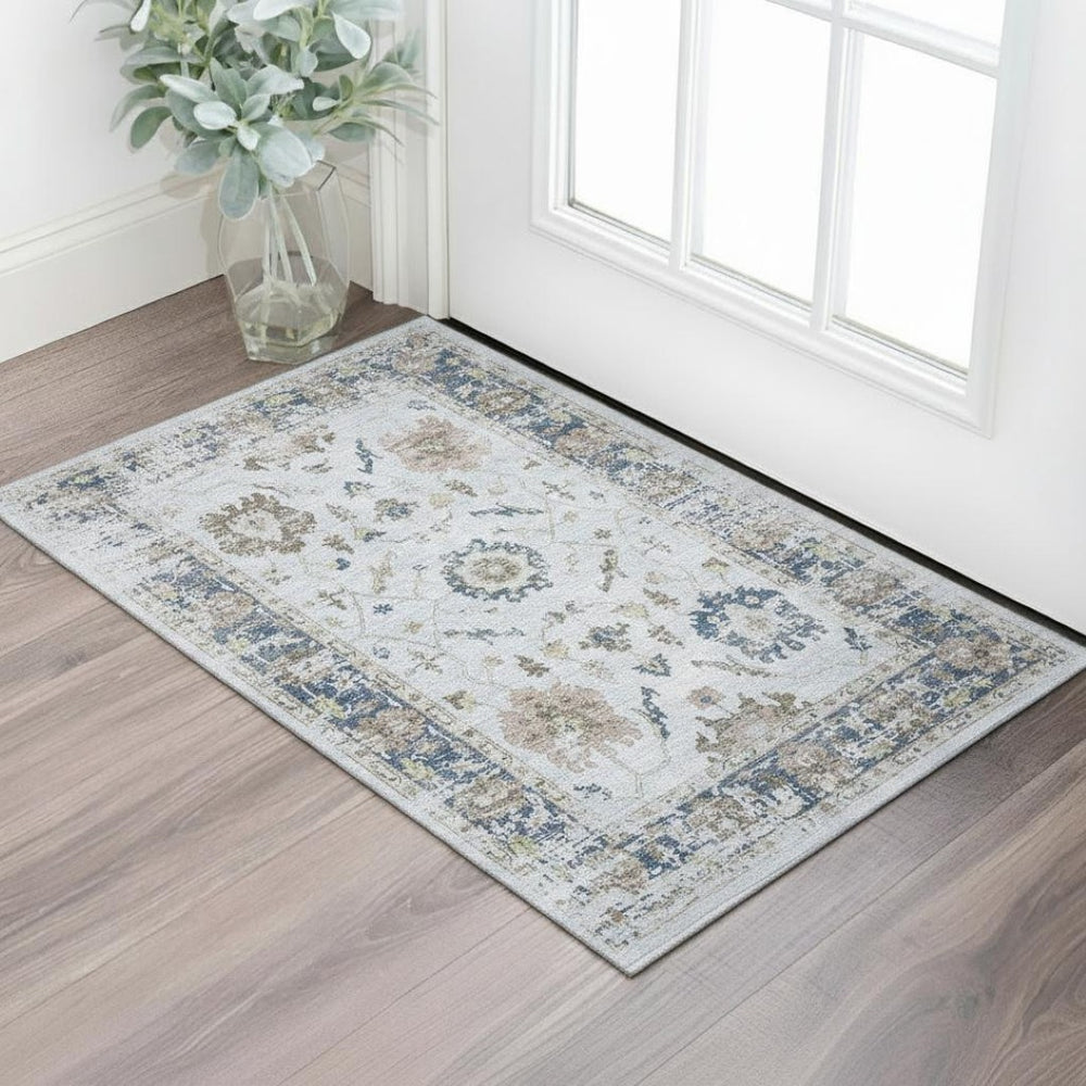 HomeRoots 5' X 8' Blue-Gray & Taupe Oriental Area Rug – UV Protected, Machine Washable & Stain Resistant! 709868
