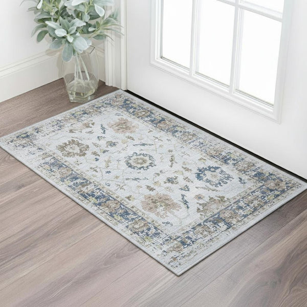 HomeRoots 5' X 8' Blue-Gray & Taupe Oriental Area Rug – UV Protected, Machine Washable & Stain Resistant! 709868